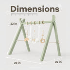 Comfy Cubs Wooden Baby Play Gym - Natural Finish Pinewood Baby Activity Gym with 5 Sensory Hanging Toys - Easy No-Tool Assembly, Safe and Durable for Infant Motor and Visual Development - Sage