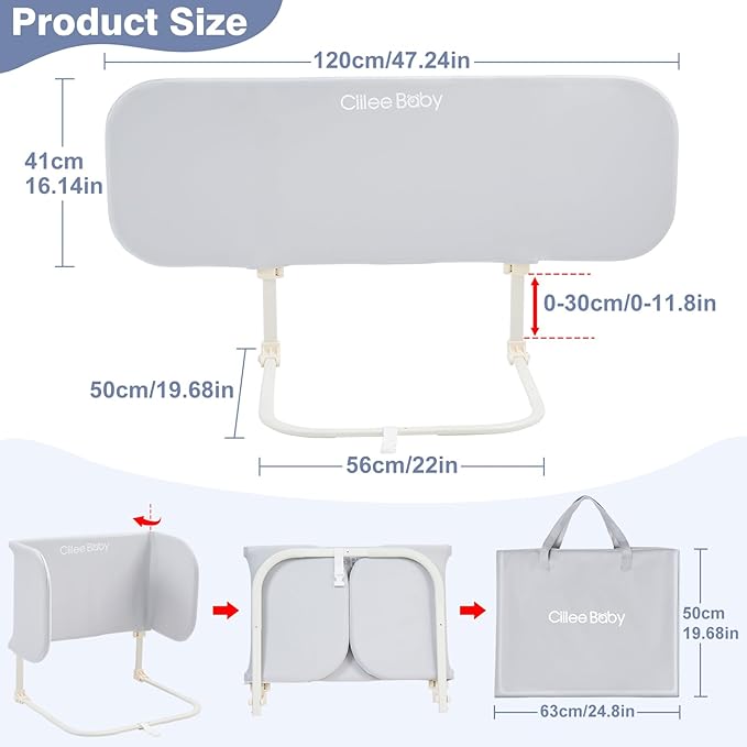 Ciilee Baby Bed Rail for Toddlers Portable Travel Kids Beds Guard Rails for Queen Bed Foldable Children Side Railing for Twin Beds Adjustable Bedrail Barandas para Camas de Niños（Grey,48in