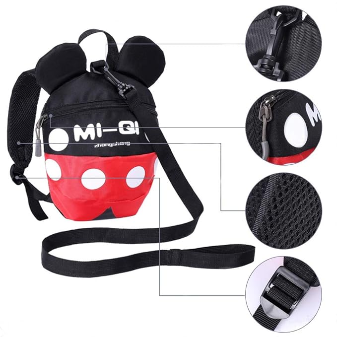 Baby Toddler Leash Baby Leash Backpack Little Kid Boys Girls Anti-Lost Travel Bag Harness Reins Cute Cartoon Backpacks with Safety Leash for Baby Backpack Leash for Toddlers 1-5 Years(Black red)