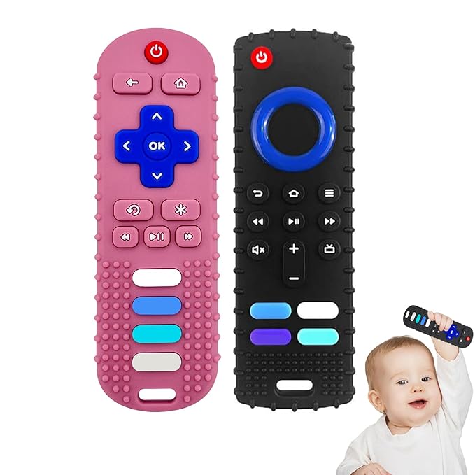 YAPROMO Baby Teething Toys,Reomte Teether Toys, Silicone Chew Toy for Babies 18+ Months, Remote Control Shape Teething Toys, Early Educational Toy BPA Free & Refrigerator Safe (Black02 & Pink01)