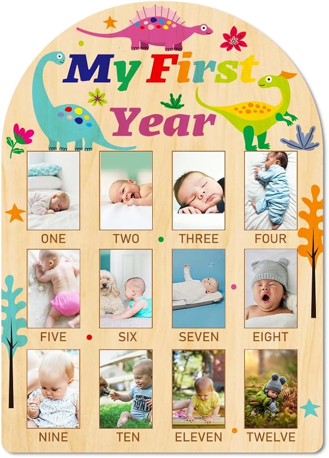 ORIGACH My First Year Baby Growth Photo Display Wood Board - 12 Months Newborn Milestones Photo Board - Neutral Baby Keepsake Board 1st Birthday Party Nursery Decor New Mom Gift - Dinosaur