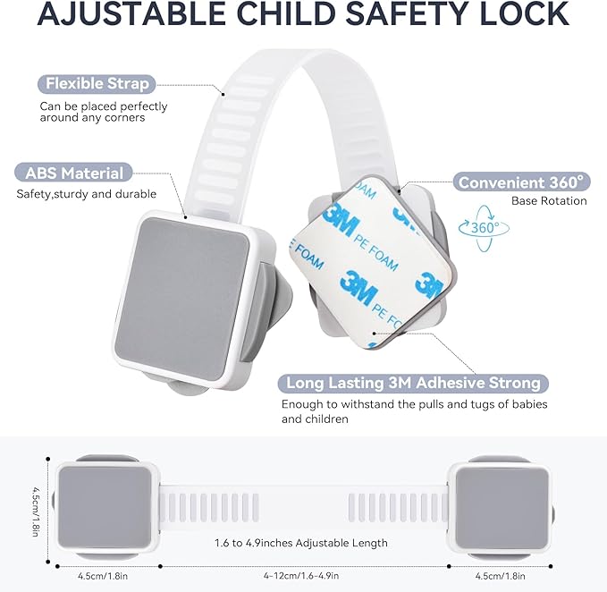 2 Pack Child Safety Cabinet Locks for Baby Proofing, Length Adjustable Latch Straps Dual Button Design for Drawers Fridge Refrigerator Doors Toilet Seat Oven (Grey, 2Pack)