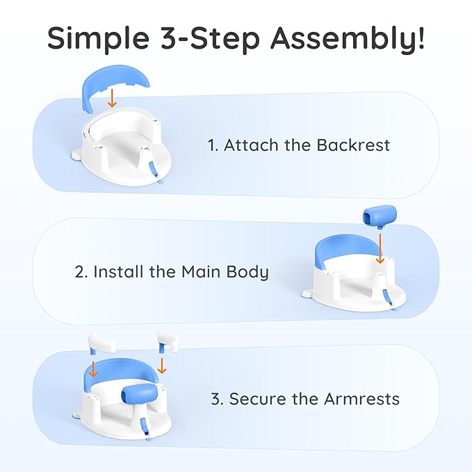 Baby Bath Seat Baby Bathtub - with Strong Suction Cups and 360° Surround Support – Easy Release, Non-Slip Cushion, Lockable Armrests – Infant Bath Chair for Babies 6-24 Months, Blue