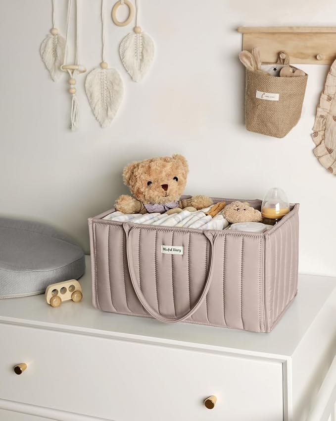 Blissful Diary Baby Diaper Caddy Organizer, Stylish Storage Basket for Newborn Essentials and Diaper Station, Gift for Baby Shower and Registry Must-Have, Sand