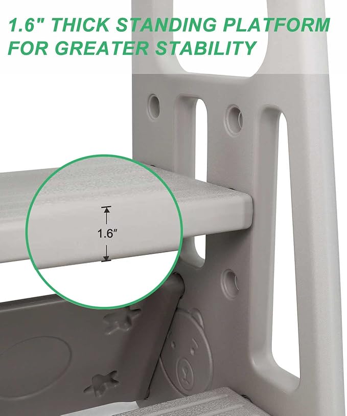 Nursery Kitchen Step Stool w/ 3 Adjustable Heights Toddler Standing Tower Kids Learning Stool w/Double Safety Rails & Non-Slip Foot Pads Cooking Stool Stand Helper Bathroom Counter Footstool (Grey)