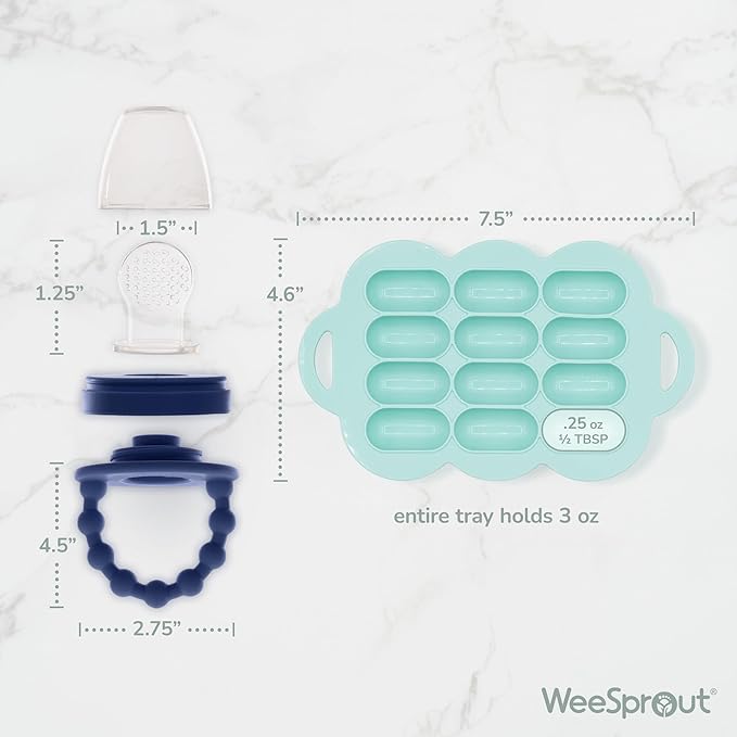 WeeSprout Baby Food Feeder Set - 2 Silicone Feeders & Reusable Freezer Tray with Lid - BPA-Free Fresh Fruit & Veggie Pacifier for Babies & Toddlers - Double as Teething Toys - Dishwasher Safe