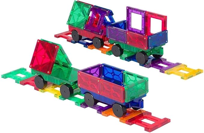 Playmags 2 Piece Car Set: with Stronger Magnets, STEM Toys for Kids, Use with All Magnetic Tiles and Blocks Sturdy, Super Durable with Vivid Clear Color Tiles. (Colors May Vary)