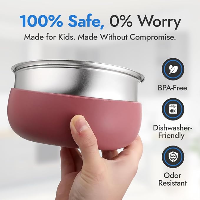 Stainless Steel Bowls with Removable Soft Silicone Sleeves | BPA-Free, Non-Toxic, Non-Slip, Stay-Put | Perfect for Kids, Toddlers & Babies | Ideal for Cereal, Snacks & Meals | 4 Pack