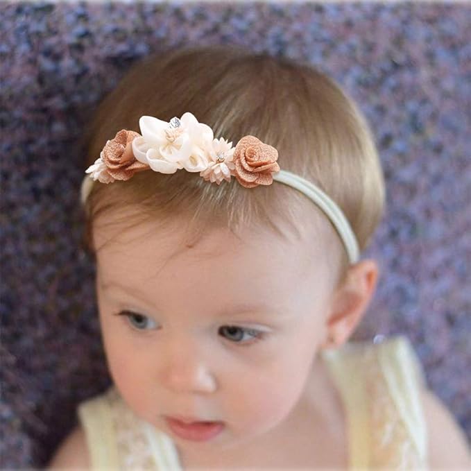 Baby Girl Nylon Headbands Flower Hair Bows Accessories-Elastic Hair Band Crown Handmade FLoral Wraps Birthday Gifts for Girls Newborn Infant Toddler 3Pcs