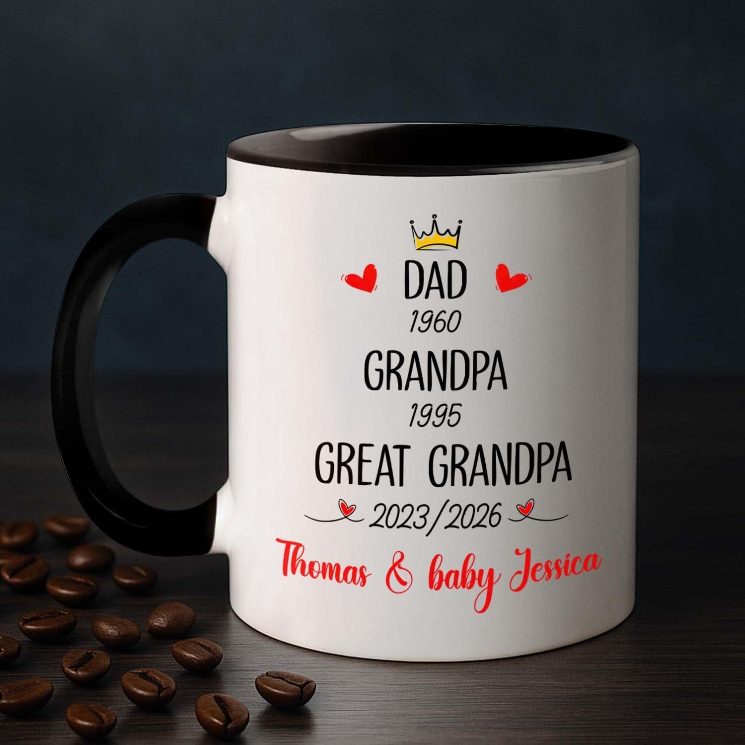 Dad Grandpa Great Grandpa EST 2026 Coffee Mug 11 15 Oz, Novelty Accent Ceramic Cup Gift For Pregnancy Announcement, Customized Choose Year & Name White Coffee Cup New Great-Grandfather Grandad Pawpaw