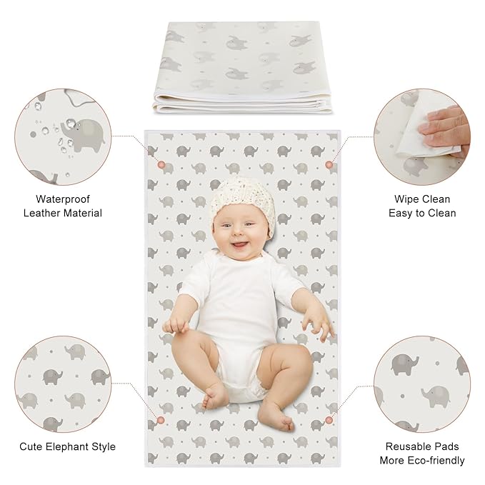 Vegan Leather Baby Changing Mat - Wipeable Portable Changing Pad 2 Pack, Foldable Travel Changing Mat for Baby, Newborns Toddlers Shower Gifts (Rainbow&Elephant,15.75"*28")