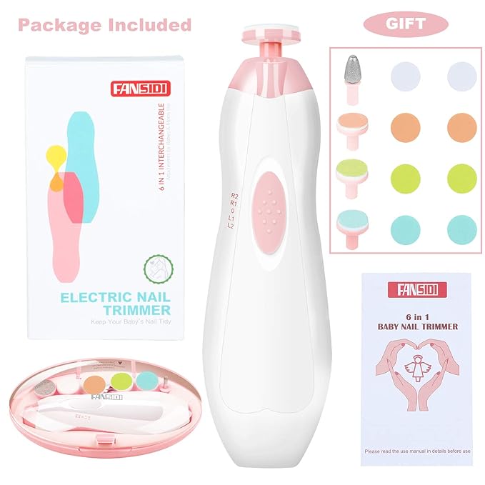 Baby Nail Trimmer Electric, FANSIDI Baby Nail File Infant Nail Clippers with 10 Grinding Pads 8 Sandpapers for Newborn Infant Toddler or Adults Toes Fingernails Care - AA Battery Operated (White/Pink)