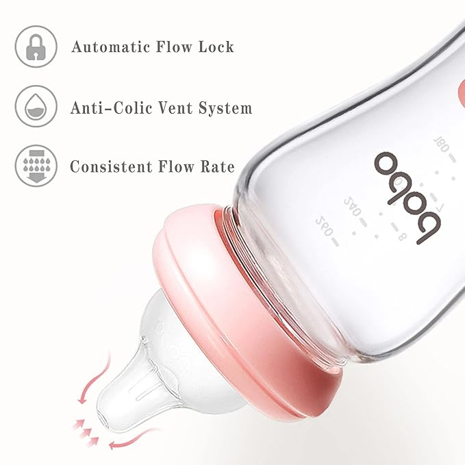 YOHKOH Natural Glass Baby Bottle with Natural Response Nipple, Newborn Anti-Colic Baby Bottles, Wide Neck Mushroom Cap Baby Bottle, Clear (Red, (8.8oz (Pack of 4))