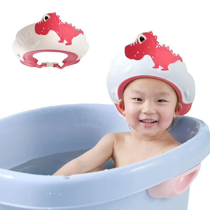 Baby Shower Cap Shield, Shower Cap for Kids, Visor Hat for Eye and Ear Protection for 0-9 Years Old Children,Cute Dinosaur/Crocodile/Hippo shape Makes the Baby Bath More Fun (Dinosaur, Red)