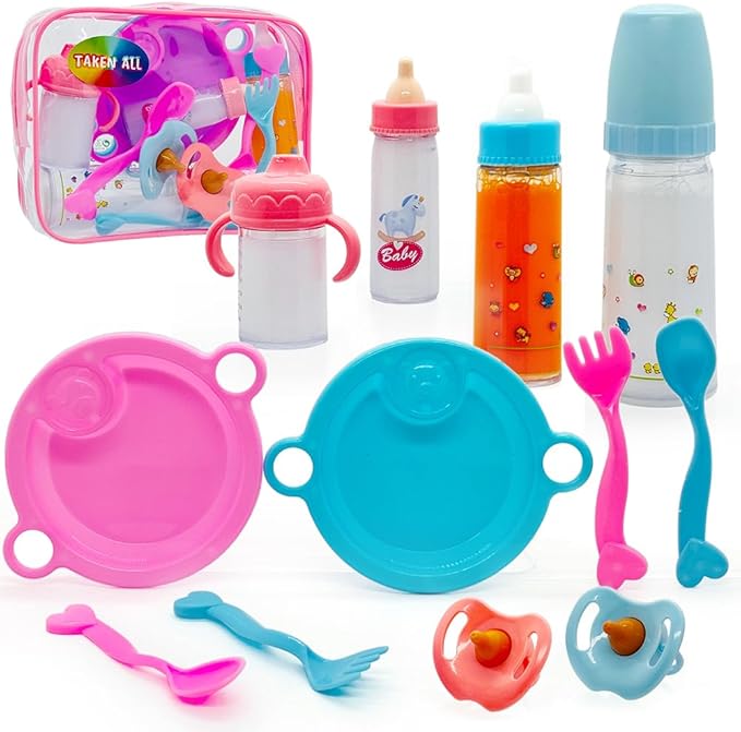 Baby Doll Accessories Magic Bottle Set Magic Disappearing Milk Juice Bottles Sippy Cups with Pacifiers Bowl Spoons, Doll Bottle Toys Feeding Pretend Playset for Kids Girls Ages 3+ (Big Set(12pcs))