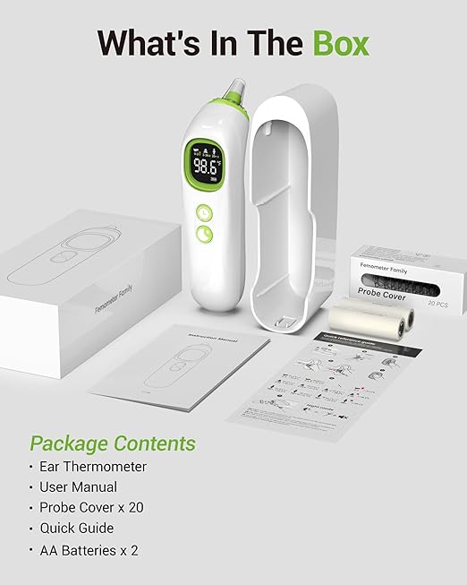Ear Thermometer with Heated Probe, High Accuracy Thermometer for Kids, Adults and Babies with 32 Memory Recall, Mute and Night Light, Includes 21 Disposable Probe Covers, Storage Box,