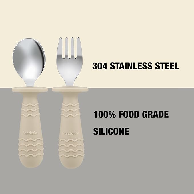 PandaEar 2 Pack Stainless Steel Baby Suction Plates & 2 Pack Spoons and Forks Set, Toddler Utensils Baby Feeding Set, Divided Plates for Baby Led Weaning Supplies, BPA-Free (Tan/Walnut)
