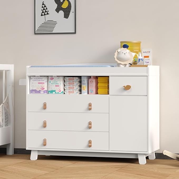 Baby Dresser with Changing Table Top, Baby Changing Table Dresser with 4 Drawers and Adjustable Shelves, Multi-Functional Diaper Changing Station, Nursery Organizer for Kids Bedroom, White