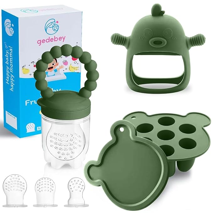 Baby Fruit Food Feeder Breastmilk Popsicle Molds for Teething Relief - 3 Pack Feeding Sets -1 Freezer Tray with Lid & 1 Teether Toy & 1 Silicone Pacifier + 3 Extra Sizes Infant Feed Mesh (Olive Green)