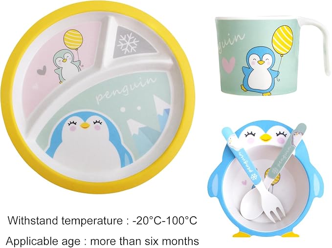 Kids Feeding Set 5 Pcs, Tableware Set for Toddlers Includes Plate Bowl Cup Fork and Spoon Utensil Flatware, Kids Flatware Set Dishwasher Safe, BPA Free (Penguin)