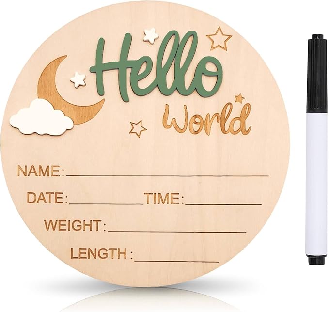 Baby Announcement Sign, 5.9 Inch Wooden Hello World Newborn Signs, Birth Announcement Sign and Pen, Moon and White Cloud Decoration, Welcome Newborn Arrival to World, Hospital Nursery for baby (Green)