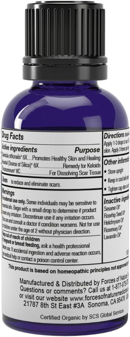 Forces of Nature Scar Treatment, Reduce Stretch Marks, Surgical Scars, Old and New Scars, Burn Scars, and Keloids, Organic Homeopathic Medicine for Skin Care, Promotes Healthy Skin, 1 FL OZ