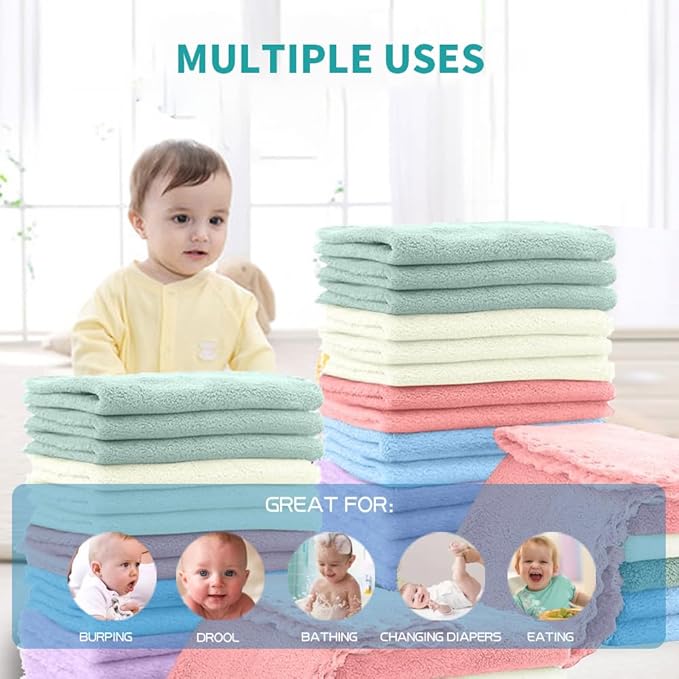 20 Pack 10x10 Inches Microfiber Coral Fleece Baby Washcloths,Extra Absorbent,Soft Wash Clothes,Bath Face Towel for Newborn,Infant and Toddlers (Muticolor)