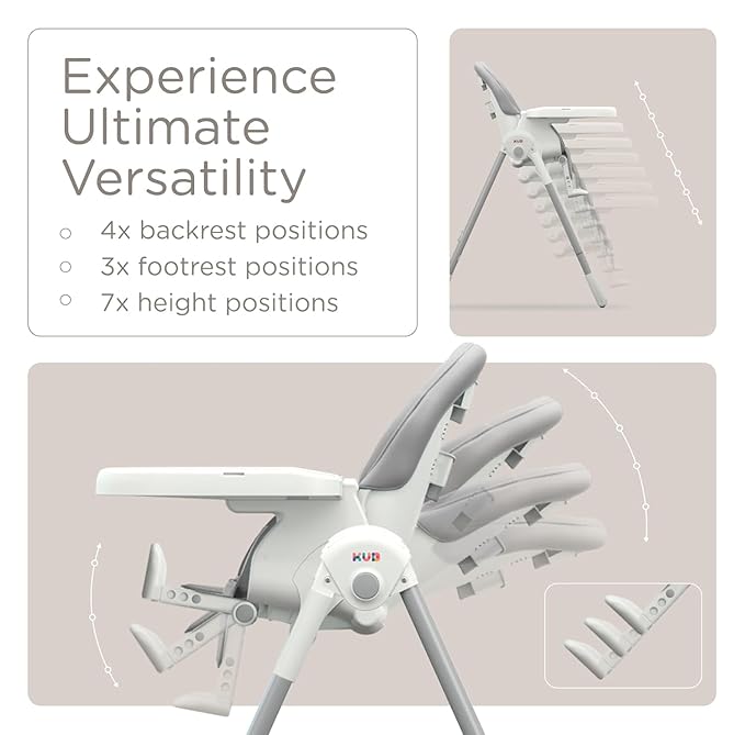 KÜB 3-in-1 Foldable Baby High Chair, 7 Height & 4 Recline Adjustable Seat & Tray for Easy Clean, 2 Locking Wheels, Multifunctional Infant High Chairs for Babies and Toddlers (Grey, with Toys)