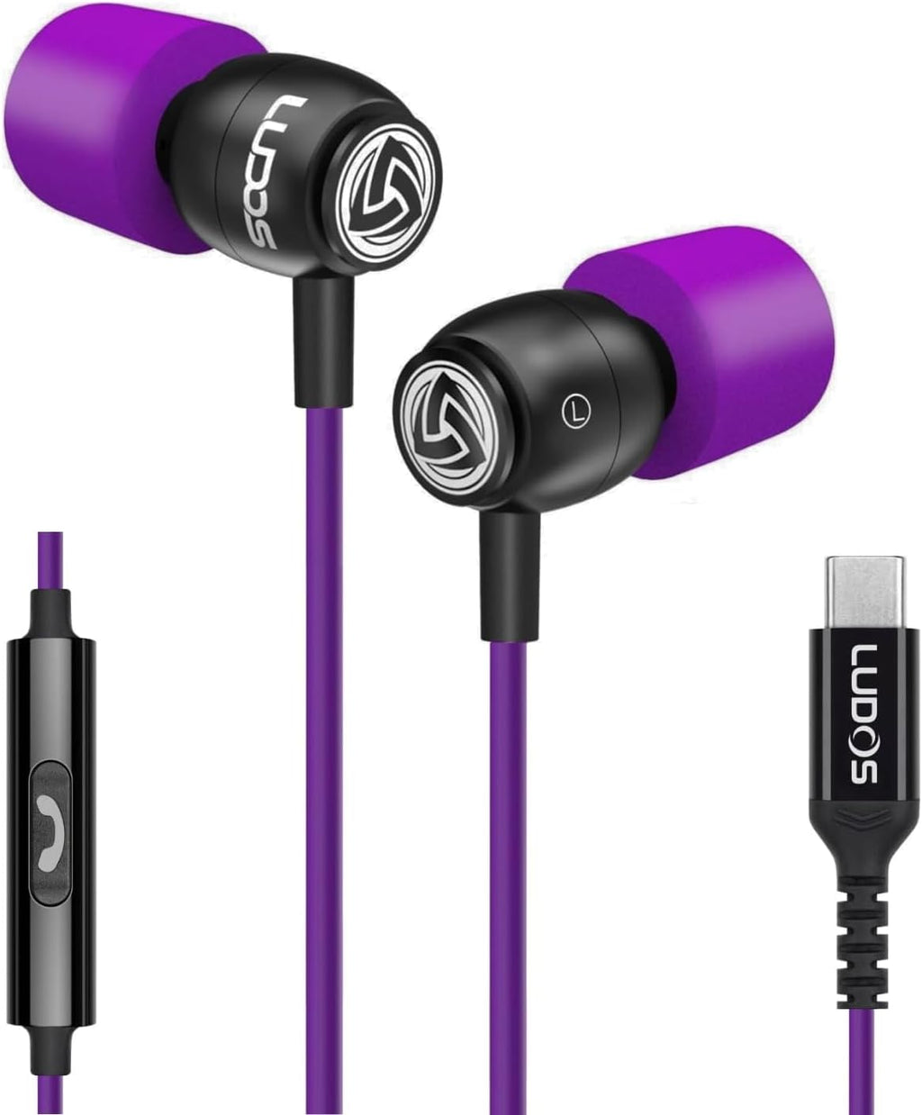 LUDOS Clamor USB C Headphones for iPhone 16 15 Pro Max Plus iPad Pro, 5 Years Warranty, USB-C Earbuds for Samsung Galaxy S24 S23 Ultra S22 S21 FE S20 A55 A54 A53, USB Type C Earphones - Purple