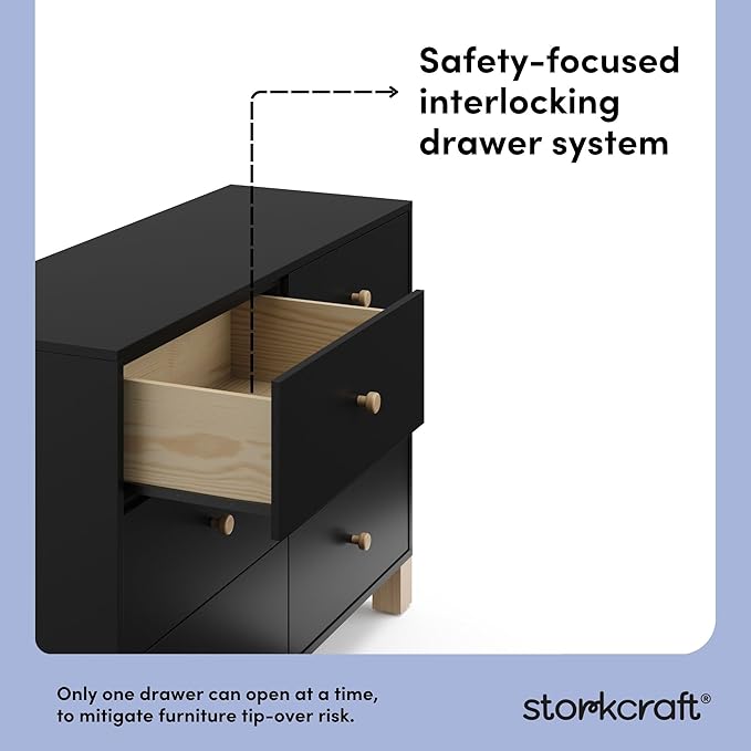 Storkcraft California 6-Drawer Double Dresser (Black with Driftwood) - GREENGUARD Gold Certified, Interlocking Drawer System, Dresser Drawer Organizer for Kids Bedroom