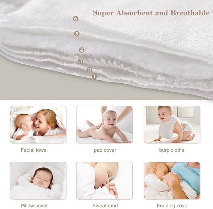 Fasoar Cotton Prefold Cloth Diapers - 100% Unbleached Premium Cotton, 6 Ply Baby Washable Diapers for Babies to Toddlers Multi-Use (10-35 lbs)(6ply 6 Count 01)