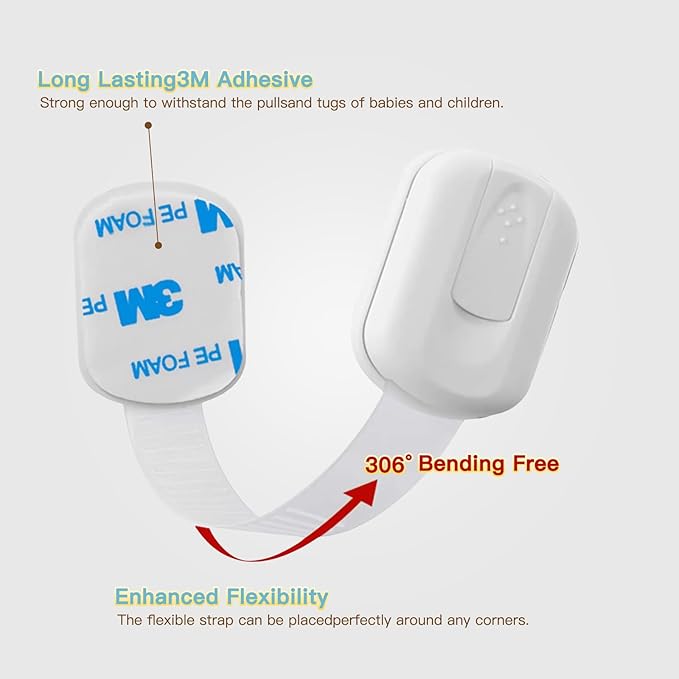 Cabinet Locks Baby Proofing No Drill, Door Locks for Kids Safety, Baby Safety Products Adjustable Strap Locks for Child & Toddlers, Drawer, Fridge, Oven Lock Child Safety 10 Pack with 3M Adhesives