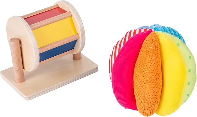 Montessori Baby Toys Play Kit Montessori Mirror Peekaboo Knob Puzzle, Medium Spinning Drum and Rainbow Fabric Ball Kit Toys for6-12Months Toddlers (Play Kit 3)