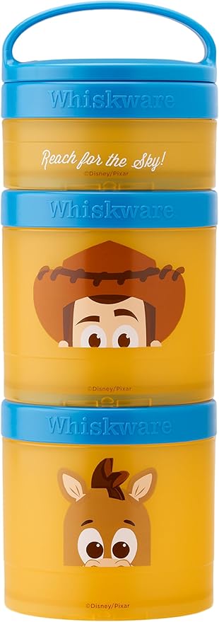 Whiskware Disney Pixar Stackable Snack Containers for Kids and Toddlers, 3 Stackable Polypropylene Snack Cups for School and Travel, Toy Story Woody and Bullseye