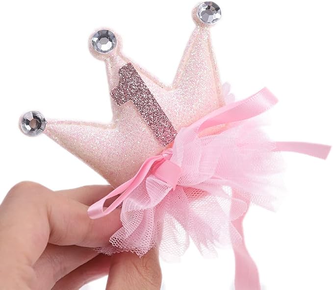 1st Birthday Crown Headband for Baby Girls - Gold/Pink Glitter Mini Crown
