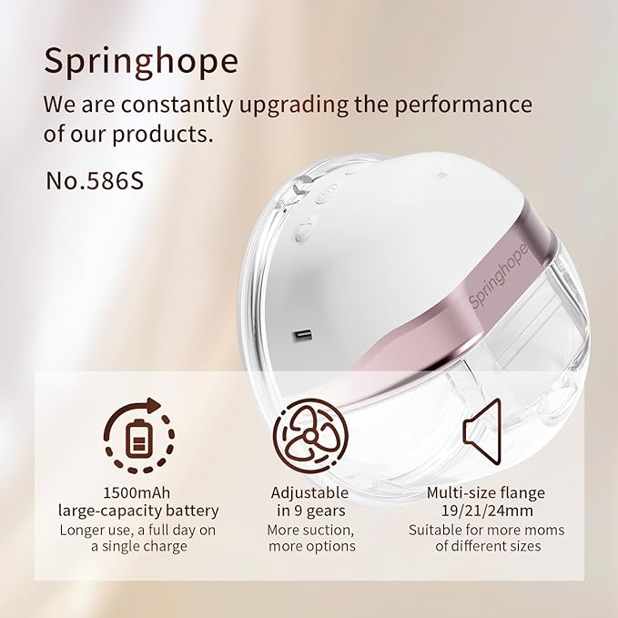 Springhope Electric Breast Pump Hands-Free, Wearable Breastfeeding Pump Wireless and Portable with 4 Modes & 9 Levels, Anti-Mistouch Function, Silicone Flange 19/21/24/28mm, BPA-Free