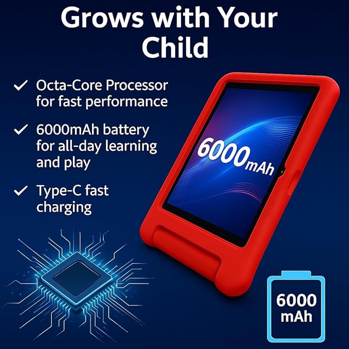 10.1 Inch Kids Tablet with Shockproof Case | Android 14, 64GB+8GB RAM, 12H Battery | Parental Control, Google Kids Space & Preloaded Educational Apps | WiFi 6, HD Display, Ages 3-12