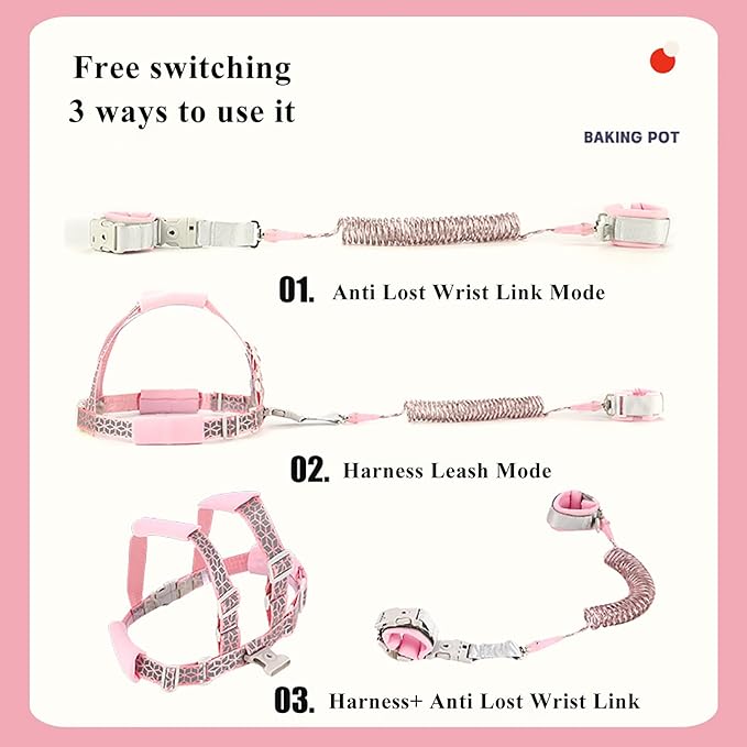 Reflective Toddler Harness with Anti Lost Wrist Link- 3 in 1 Baby Safety Leash with Key Lock Design for Boys/Girls, Walking Wristband Rope Protection Tether Belt, Pink