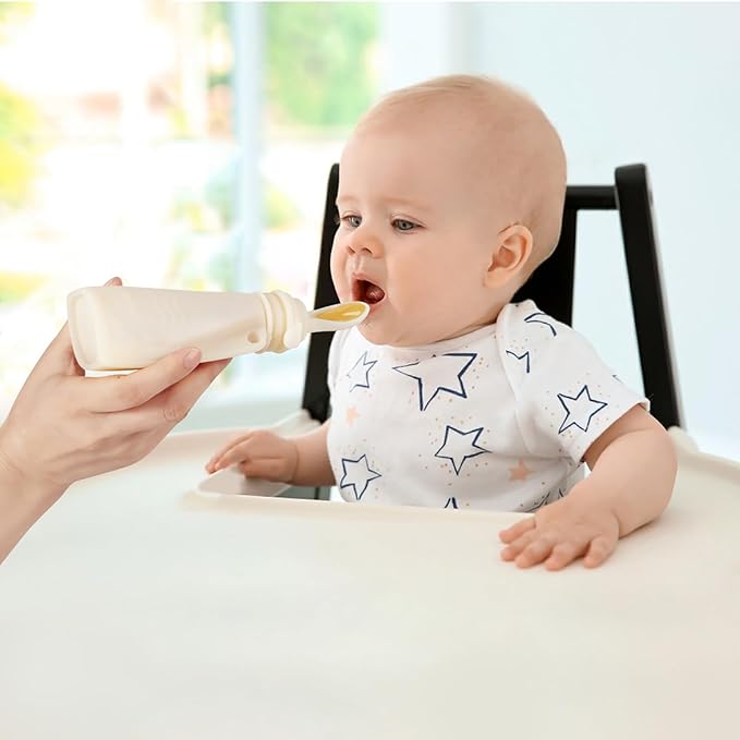 PandaEar 3 Pack Silicone Baby Food Pouches, Reusable Squeeze Pouches for Toddler with 3 Silicone Puree Feeder Spoon, BPA-Free Silicone Refillable Infant Food Storage, 5.5 oz (Light Tan&Walnut&Grey)