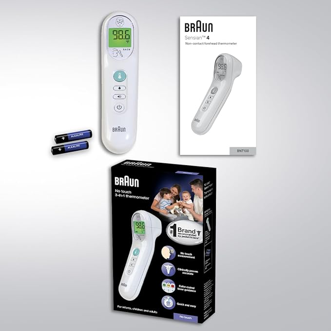 Braun No Touch 3-in-1 Thermometer for Adults, Kids & Babies, Measures Forehead, Liquid and Food Temps, Professional Accuracy & Color Coded Fever Guidance