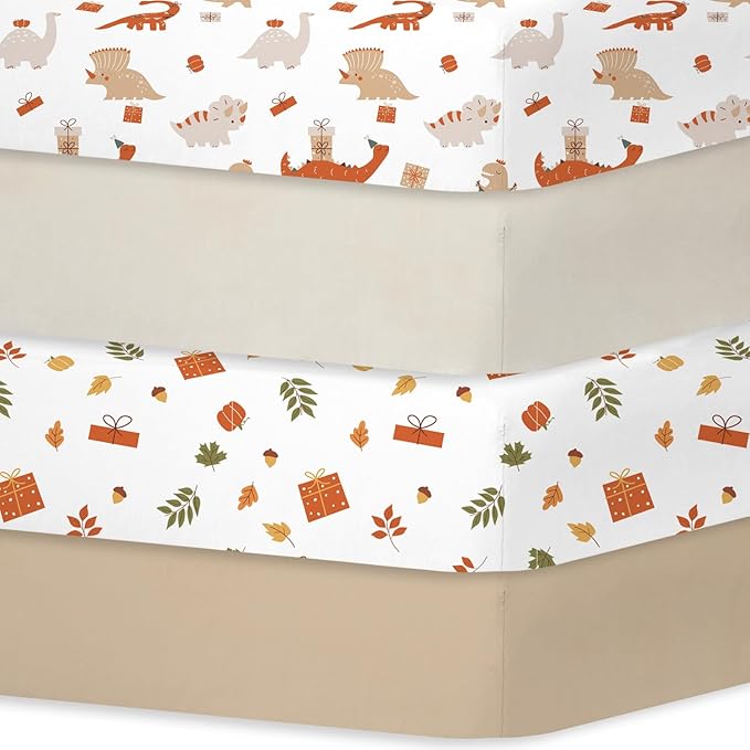 Bimocosy Crib Sheets for Boys Girls, Fitted Crib Sheet 4 Pack for Standard Crib and Toddler Mattresses, Super Soft Breathable Microfiber Baby Sheet 28"x 52", Dinosaur/Leaves/Khaki/Beige