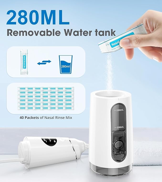 Nasal Irrigation System, Electric Sinus Cleaner Neti Pot Machine with 6 Tips,4 Modes for Sinus Rinse, Nasal Irrigator with 40 Nasal Saline Packets (1 Pack)