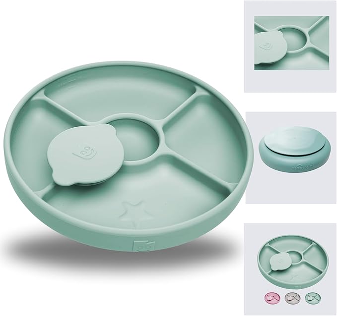 TalkTools Bitsy Silicone Baby Suction Plate with Locking Lid – Divided Plate for Toddlers Learning to Self-Feed – Non-Slip, BPA-Free, Microwave + Dishwasher Safe Baby Mealtime Plate (Sage)