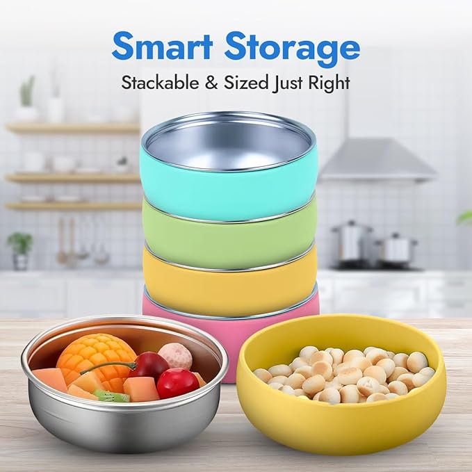 Stainless Steel Bowls with Removable Soft Silicone Sleeves | BPA-Free, Non-Toxic, Non-Slip, Stay-Put | Perfect for Kids, Toddlers & Babies | Ideal for Cereal, Snacks & Meals | 4 Pack