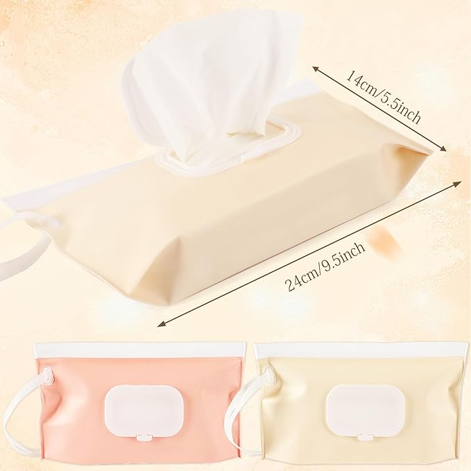 FEBSNOW 2 Pack Baby Wipes Dispenser, Portable Refillable Wipe Holder Baby Wipes Container Travel Wipes Case Reusable Wet Wipes Pouch (Cream, Pink)