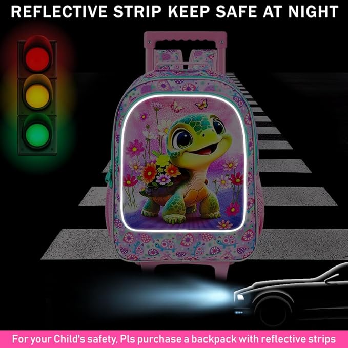 Girls Rolling Backpack, Cute Turtle Roller Wheels Kids Bookbag - Wheeled Elementary School Bag - 3PCS Turtle