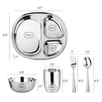 Ahimsa Stainless Steel Kids Dinnerware Set - 5 Piece Toddler Plates and Bowls Set, Pediatrician Designed, Includes Non Toxic Toddler Plate and Bowl, Kids Utensils and Cup (Classic Stainless Steel)