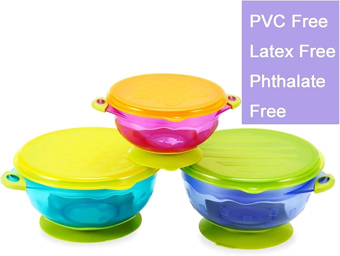 PandaEar Stay Put Spill Proof Stackable Baby Suction Bowls 3 Sizes for Toddlers with Silicone Feeding Utensils and Secure Lids BPA Free