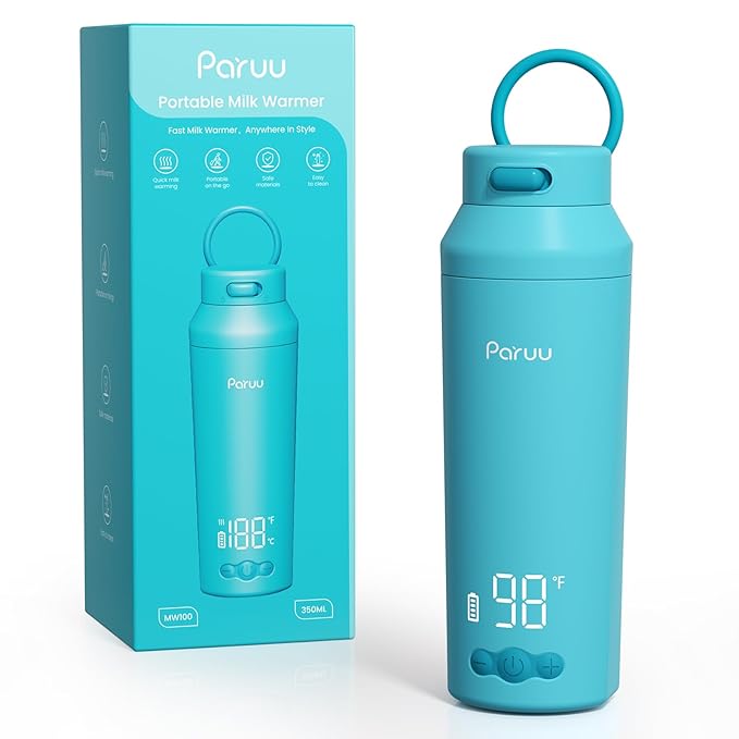 Paruu Portable Bottle Warmer for Travel, Easy-Clean Wide Mouth, Portable Milk Warmer with Fast Heating for Night Feeding, 7-Temp Control, Large 12oz Capacity, Ideal Gifts for New Parents, Blue