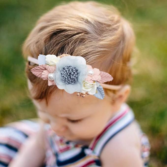 Baby Girl Nylon Headbands Flower Hair Bows Accessories-Elastic Hair Band Crown Handmade FLoral Wraps Birthday Gifts for Girls Newborn Infant Toddler 3Pcs
